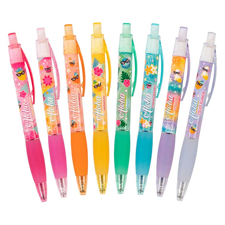 All 8 of the Aloha Unicorn Glitter Gel Smens Fanned Out of the Package