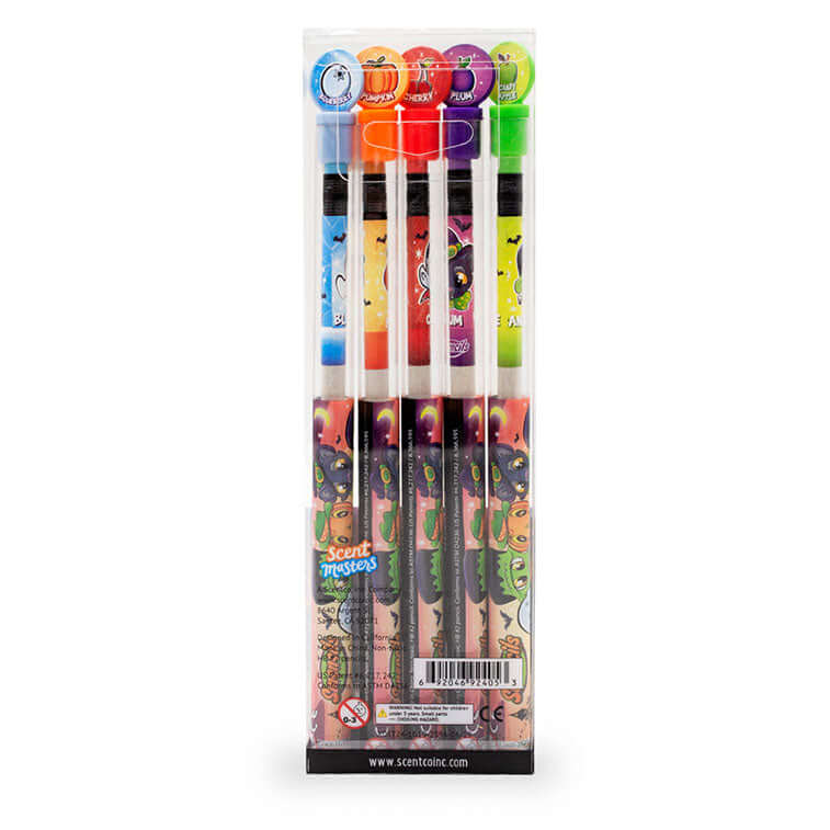 The back of the packaging of the pack of 5 Halloween Smencils, Scented Pencils